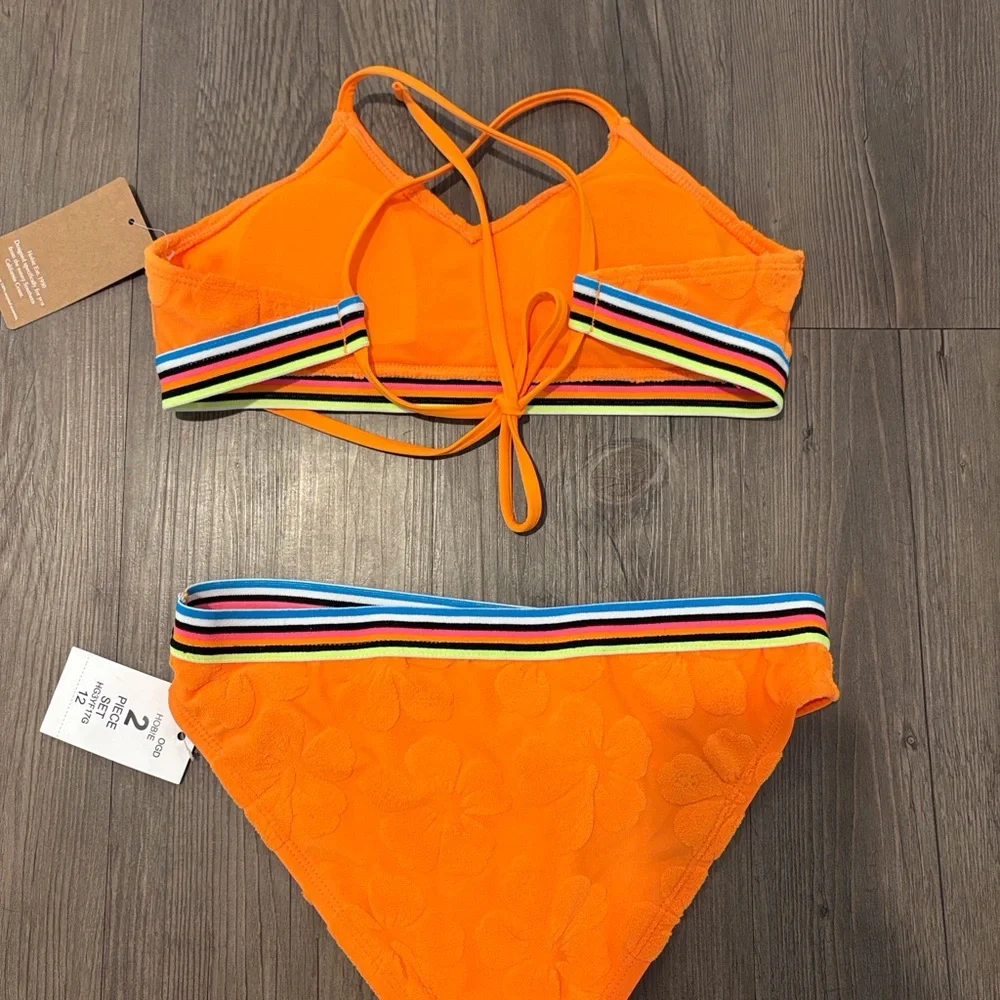Hobie Girls Vibrant Orange Two-Piece Bikini with Rainbow Trim Size 12 NWT